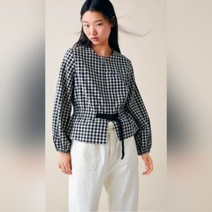 Zara Gingham Linen Blend Puff Sleeve Zipper Jacket